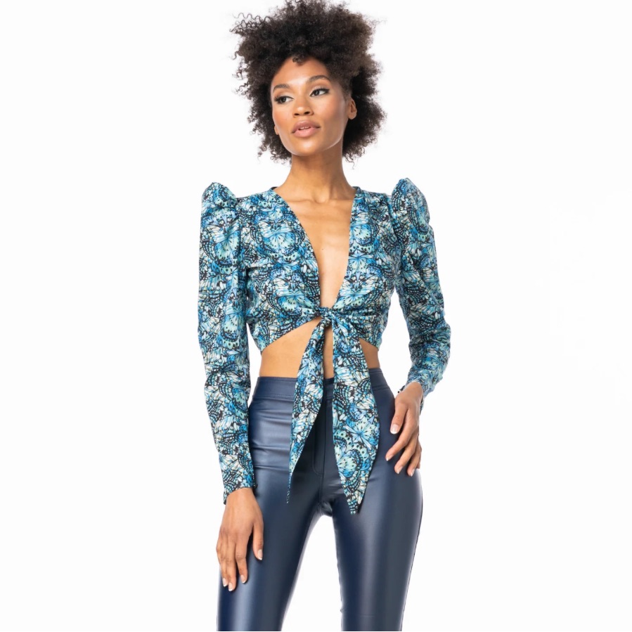 Daniela Corte Mutton Tie-Top Butterfly Blue Liberty Tie Front Size 38 Xs